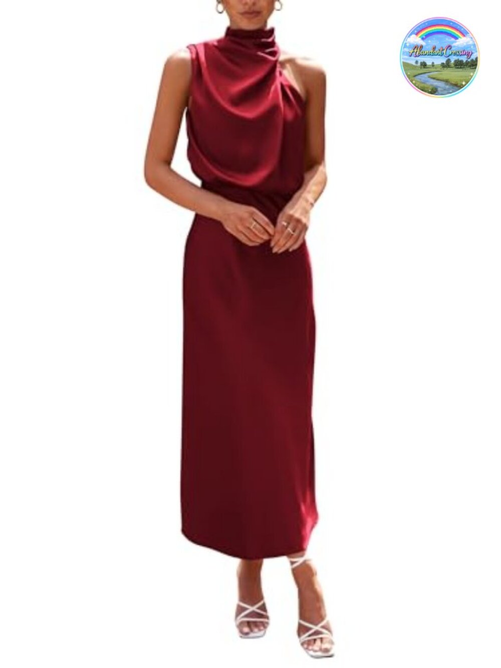 Satin Maxi Dress Sleeveless Mock Neck Fit & Flare Cocktail
